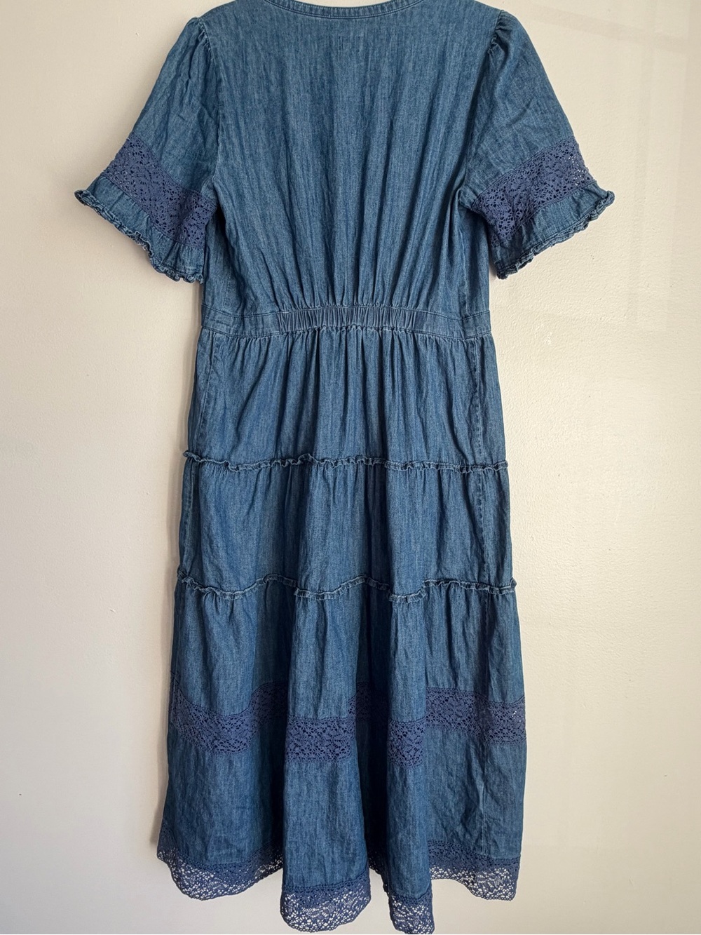 Gap LoveShackFancy Blue Denim Button-Front Tiered Midi Dress - Picture 3 of 4
